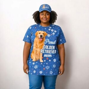 Proud Golden Retriever Mom T Shirt & Baseball Cap Womens Size L Blue Polyester